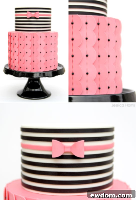 Sleek Ruffles and Stripes 3 Detailed view of the perfectly executed black and white stripes with a pink bow accent by Jessicakes