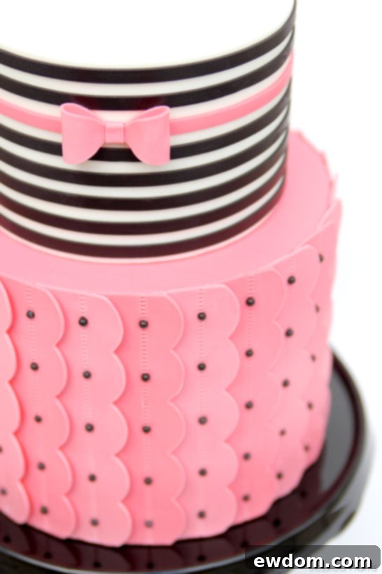 Sleek Ruffles and Stripes 4 Close-up of the elegant vertical pink ruffles adorned with delicate dragees by Jessicakes