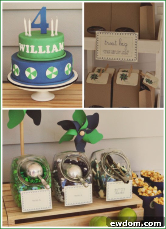 Navy and Green Pinwheel Party Dessert Table