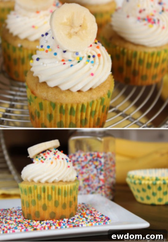 Close-up of fluffy Banana & Cream Cheese Cupcakes ready to be enjoyed, showcasing perfect frosting swirls | TheCakeBlog.com