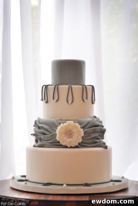 Elegant Pearlescent Shades of Gray Cake by Fat Girl Cakes - White and Grey Wedding Cake with Textured Sash and Pearls