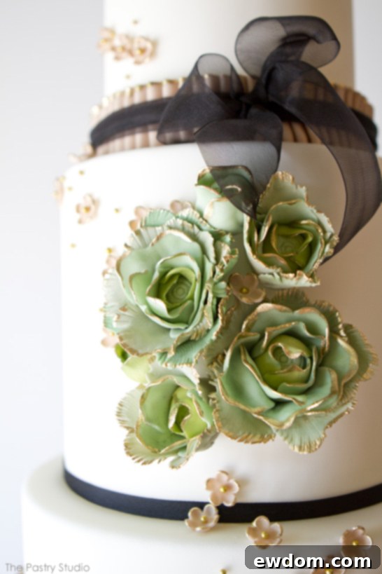 Close-up of Gilded Mint Green Florals and Black Silk Organza Bows on Wedding Cake