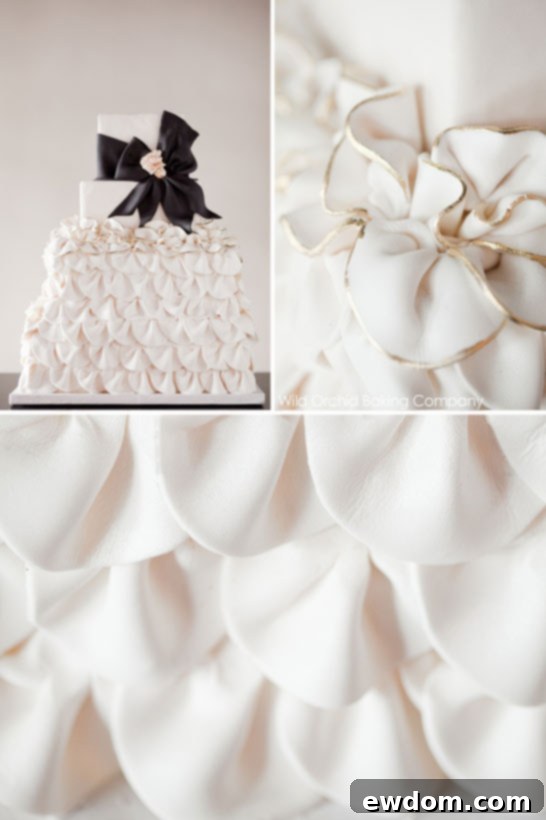 Elegant Black and Ivory Ruffle Cake 4 Detailed View of Black Fondant Sash & Gold Accents on Wedding Cake | Wild Orchid Baking Co