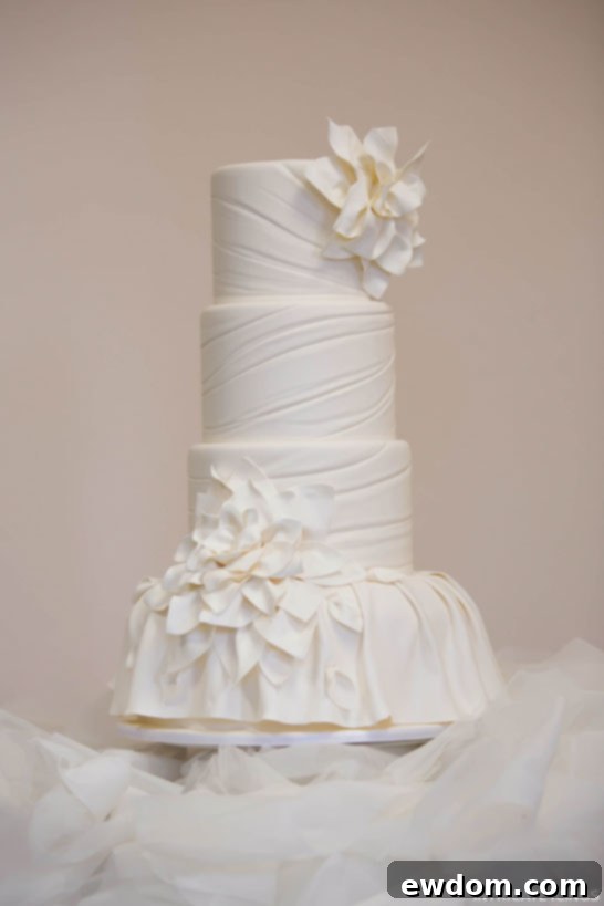 Close-up of ruched cake details and floral accents by Intricate Icings