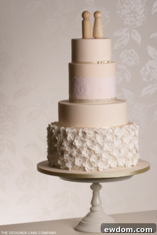 Floral Grandeur 4 Close-up of elegant petal wedding cake with wooden peg people toppers