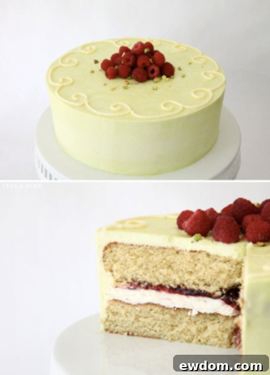 Pistachio Cake with White Chocolate & Raspberries by Tessa Huff | TheCakeBlog.com