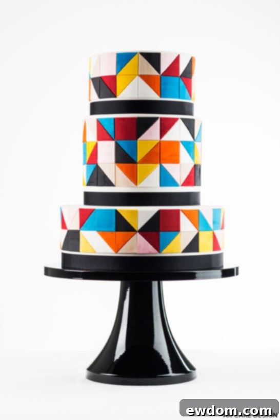 Detail shot of the precise geometric fondant cut-outs on the Antonia Sellbach-inspired cake