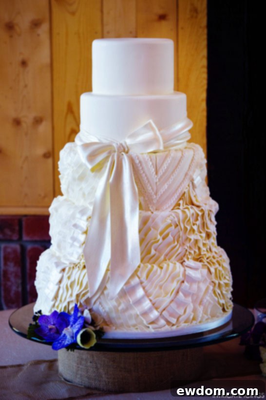 Close-up of cascading ruffles and sequin detail on Intricate Icings' gown cake