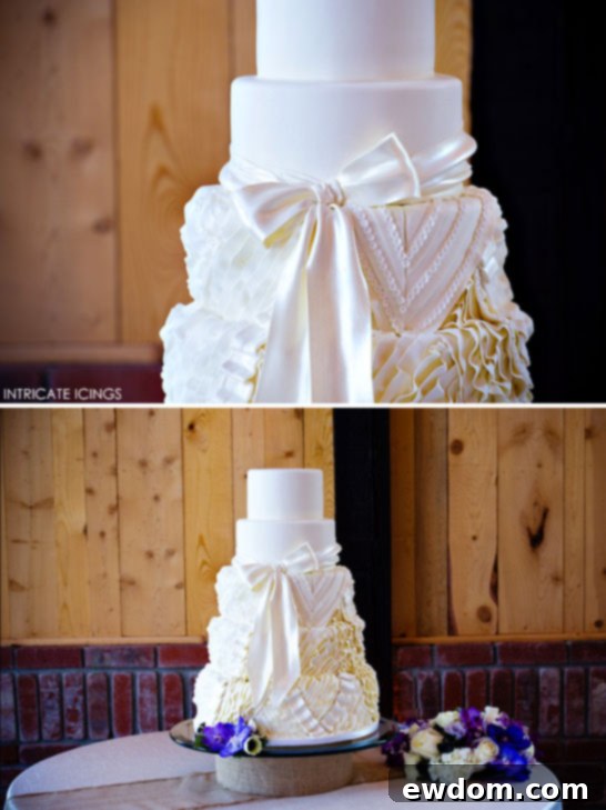Detailed view of sugar sequins and V-shaped design on the Ruffled Dress Cake