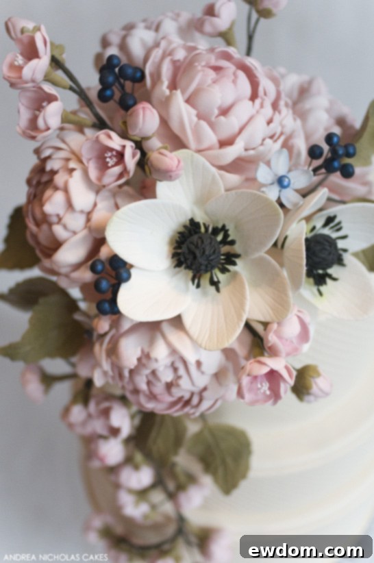 Peonies Anemones: A Love Story 3 Blush Sugar Flower Cake by Andrea Nicholas Cakes | Hand-Painted Sugar Flowers