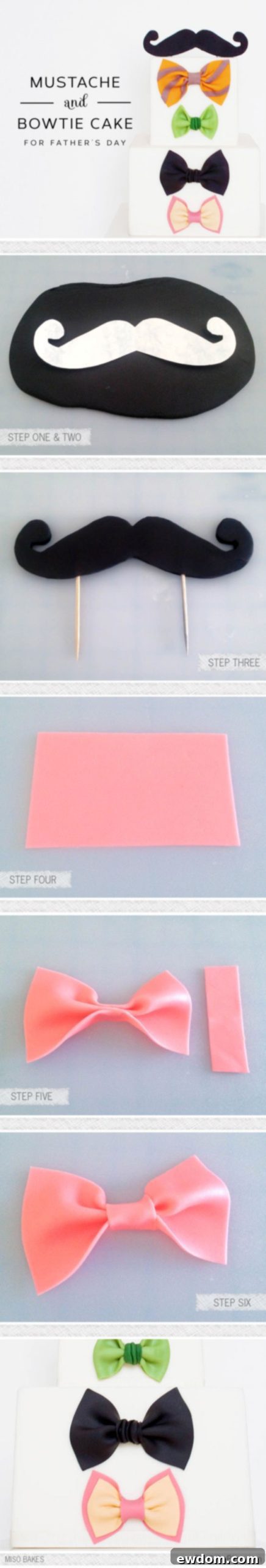 Closer look at the DIY Father's Day Bowtie and Mustache Cake, showcasing intricate gumpaste and fondant details