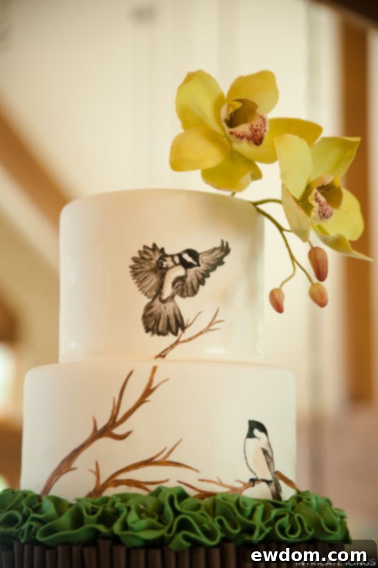 Aerial Ballets 3 Close-up view of the multi-tiered Birds in Flight wedding cake by Intricate Icings, showcasing the chocolate curl base, delicate ruffles, and a hidden superhero detail for the groom.