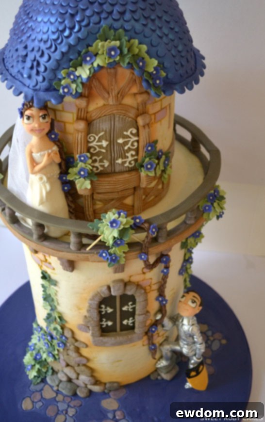 Full view of the enchanting Rapunzel Cake, showcasing all its intricate details and vibrant colors.