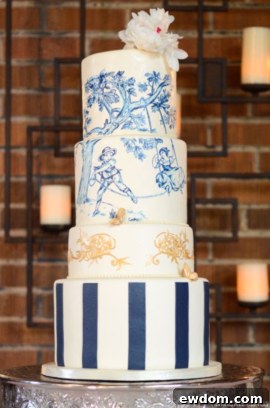 A Gilded Toile Masterpiece in Midnight Blue 2 Navy & Gold Toile Wedding Cake | by Intricate Icings | TheCakeBlog.com