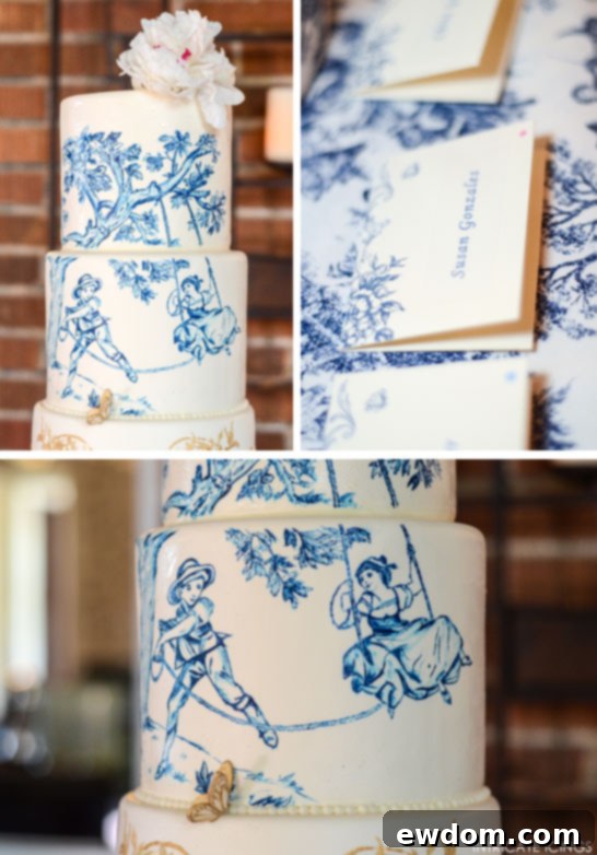 A Gilded Toile Masterpiece in Midnight Blue 3 Navy & Gold Toile Wedding Cake | by Intricate Icings | TheCakeBlog.com