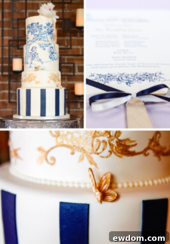 A Gilded Toile Masterpiece in Midnight Blue 4 Navy & Gold Toile Wedding Cake | by Intricate Icings | TheCakeBlog.com