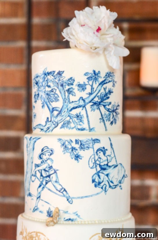 A Gilded Toile Masterpiece in Midnight Blue 5 Navy & Gold Toile Wedding Cake | by Intricate Icings | TheCakeBlog.com