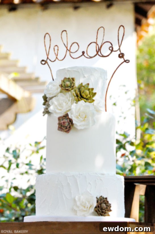 Verdant Vows: Succulent Wedding Cakes 2 Rustic Succulents Wedding Cake by Royal Bakery - A detailed view of the beautifully crafted fondant succulents and elegant tiers, perfect for a California wedding.