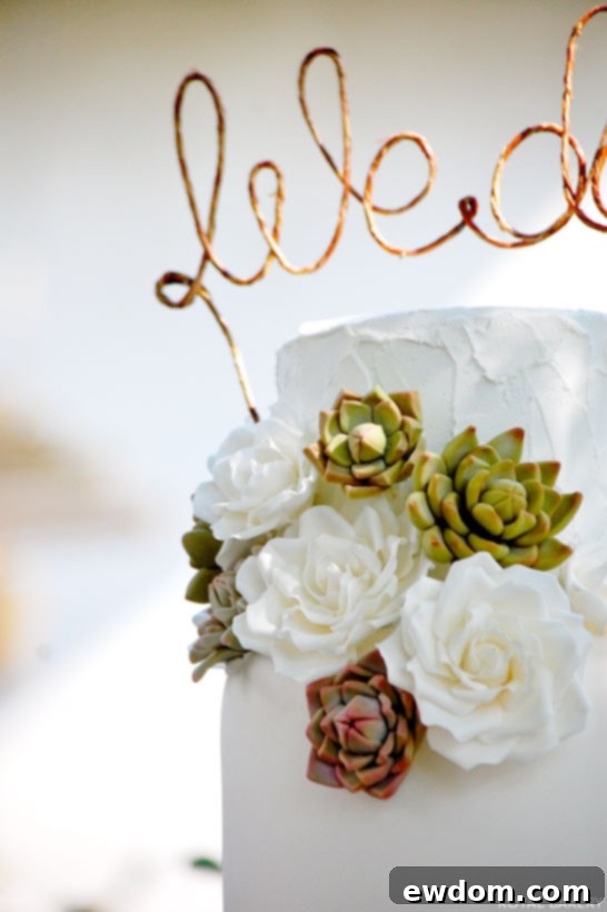 Verdant Vows: Succulent Wedding Cakes 3 Close-up of the Rustic Succulents Wedding Cake by Royal Bakery, showcasing the unique textures and intricate detailing of the edible botanicals.