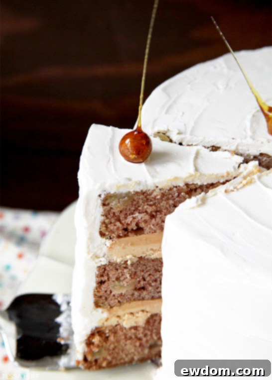 Slice of Apple Spice Cake showcasing moist layers and creamy Dulce de Leche Buttercream | by Tessa Huff | TheCakeBlog.com