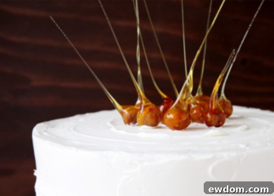 Close-up of Apple Spice Cake topped with elegant caramel-dipped hazelnuts | by Tessa Huff | TheCakeBlog.com