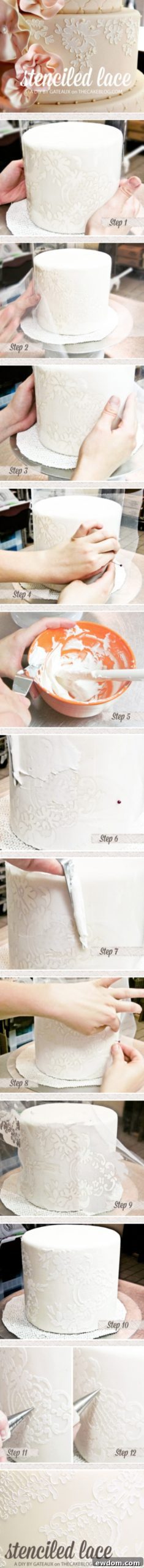 Stenciled Lace Cake Tutorial by Gateaux Inc on TheCakeBlog.com - Detailed Step-by-Step Guide