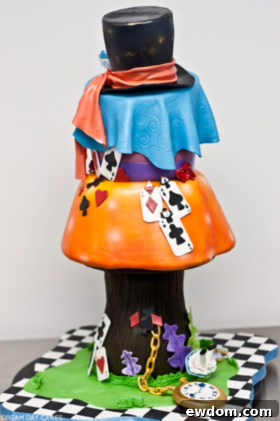 Full display of the Alice in Wonderland dessert table, featuring the main cake and complementary treats