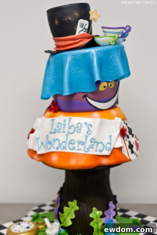 Detailed shot of the Wonderland Cake, showing Alice, the pocket watch, and edible flowers