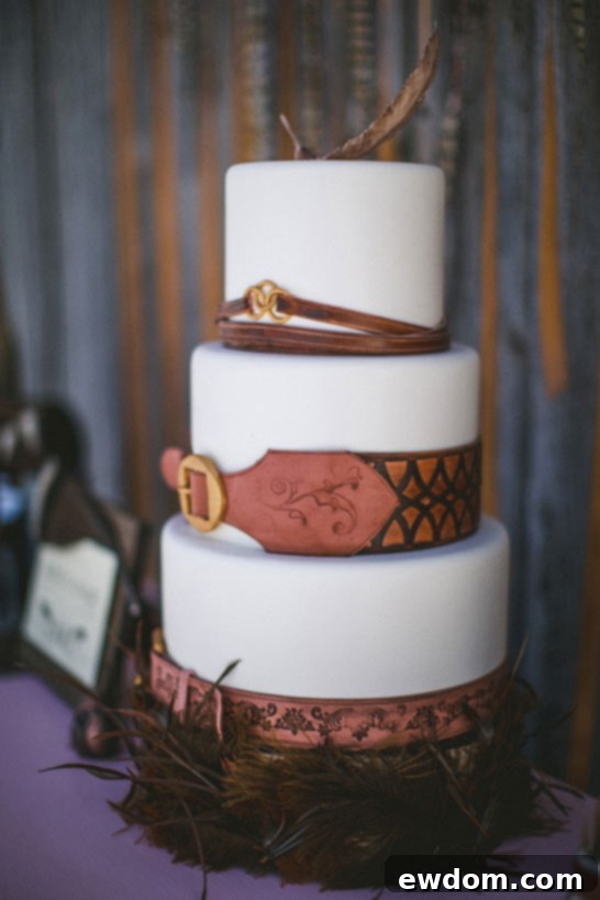 Edible feather cake topper on a multi-tiered wedding cake