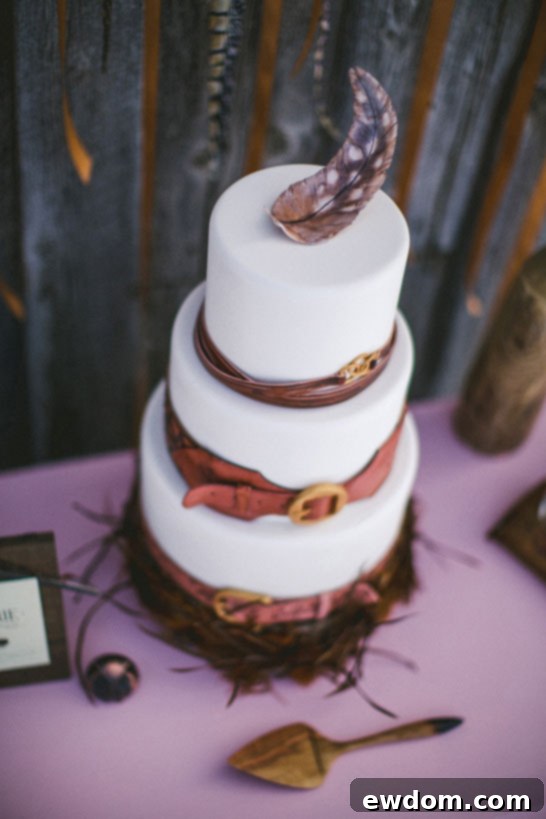 The artistic details of a bohemian rustic wedding cake