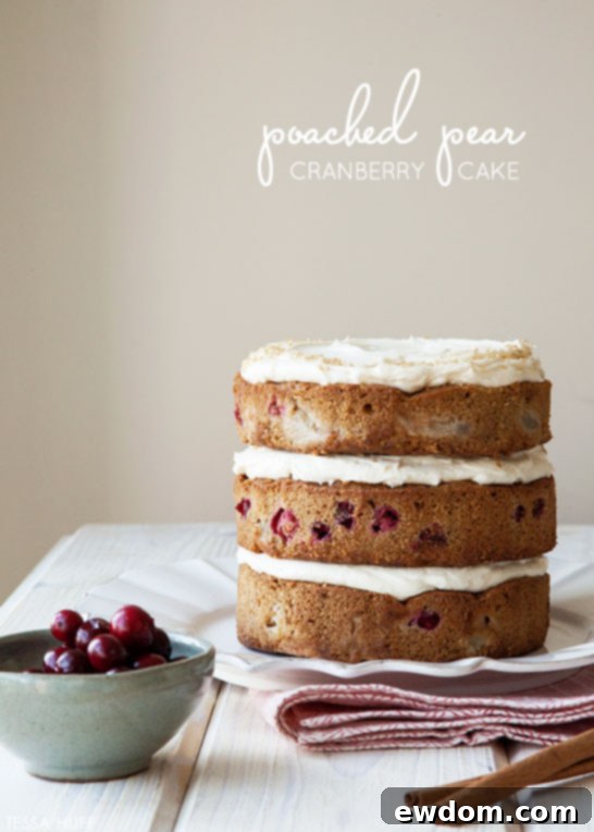 Close-up of the Pear & Cranberry Cake, showcasing its festive appeal for Christmas dessert. By Tessa Huff.