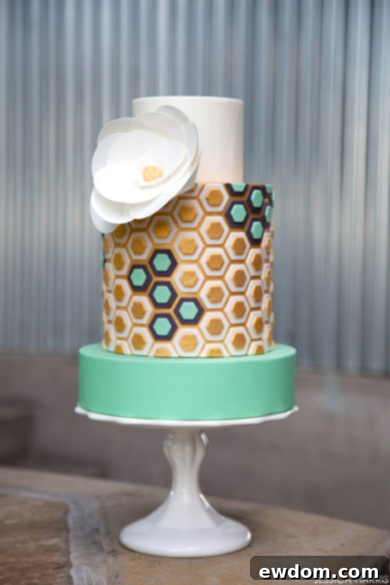Gold & Mint Hexagon Cake by Jessica Harris, featuring geometric patterns and metallic gold accents