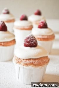 Powder Puff Cupcakes 2 Angel Food Cupcakes with sweetened cream and raspberries, a delightful holiday dessert.
