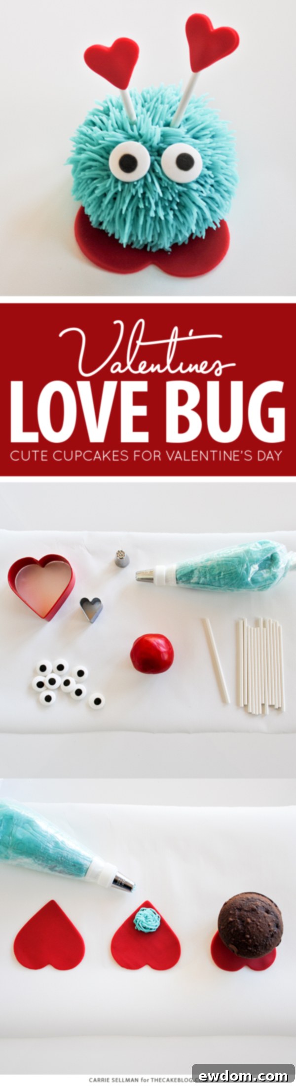 Cupid's Confections 2 Close-up of an adorable Love Bug Cupcake with candy eyes and heart antennae