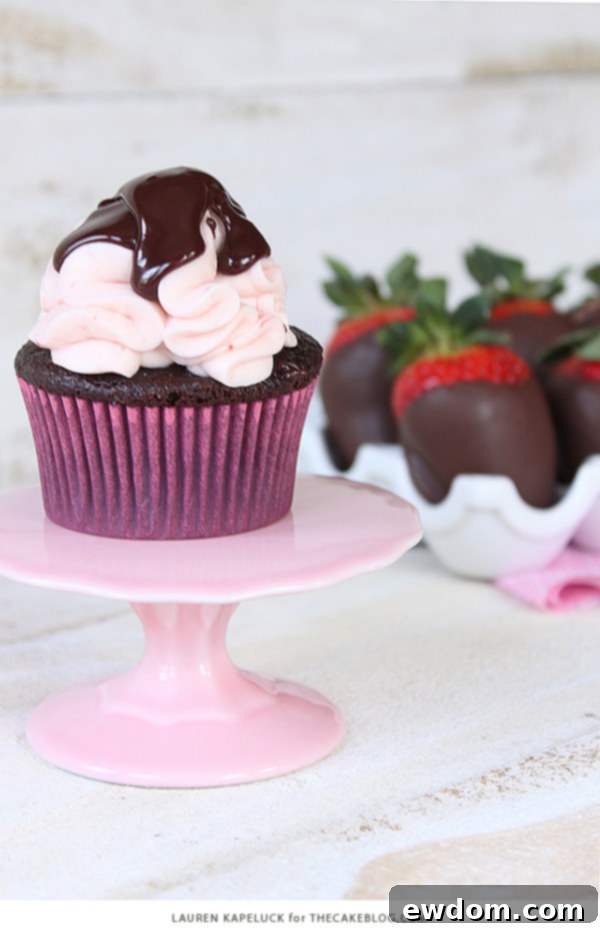 Luscious Strawberry Chocolate Cupcakes 2 Moist chocolate cupcakes topped with strawberry cream cheese frosting and chocolate ganache, a perfect Valentine's Day dessert