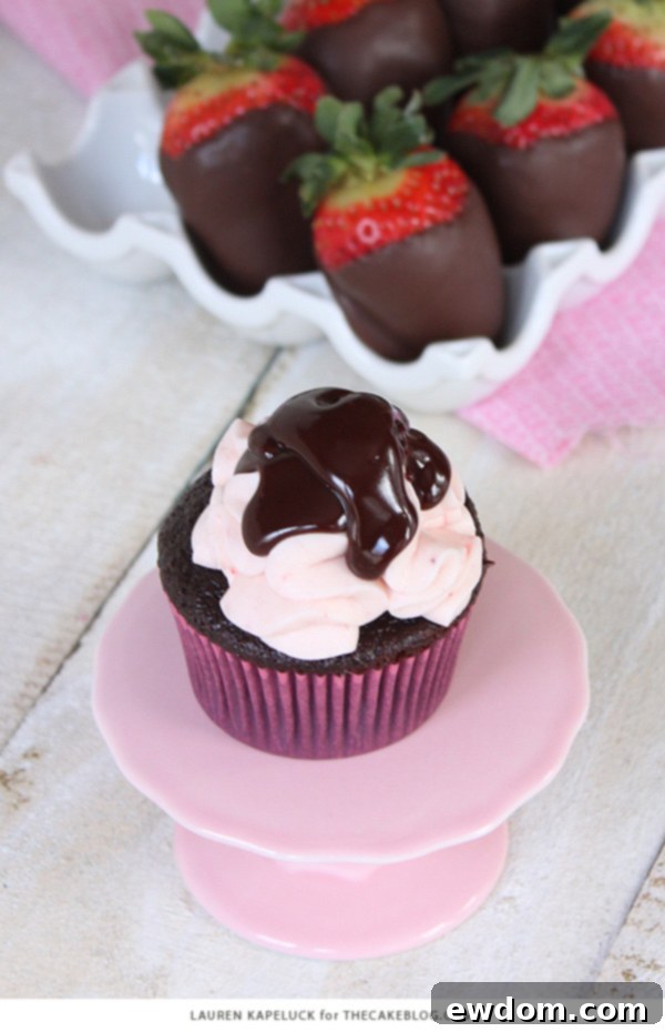 Luscious Strawberry Chocolate Cupcakes 3 Close-up of a chocolate covered strawberry cupcake, showcasing the frosting and ganache drizzle