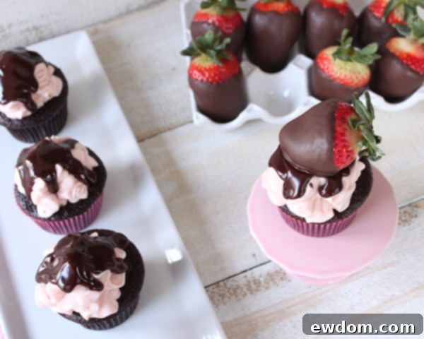 Luscious Strawberry Chocolate Cupcakes 6 Another view of the elegant chocolate covered strawberry cupcakes on a serving platter