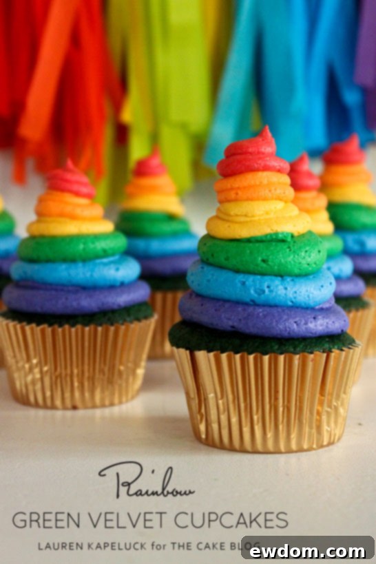 Green Velvet Cupcakes with rainbow buttercream | by Lauren Kapeluck for TheCakeBlog.com