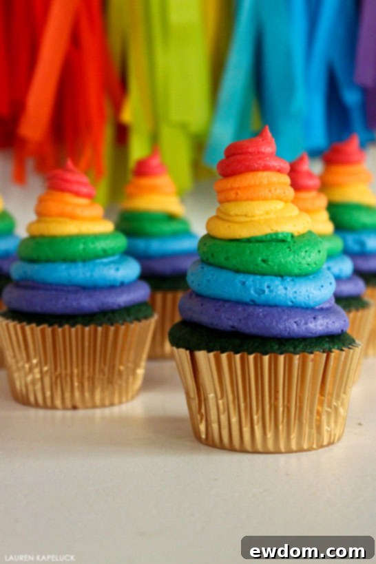 Green Velvet Cupcakes with rainbow buttercream | by Lauren Kapeluck | for TheCakeBlog.com