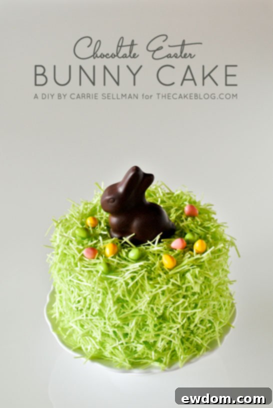 DIY Chocolate Easter Bunny Cake featuring a chocolate bunny, edible grass, and candy eggs