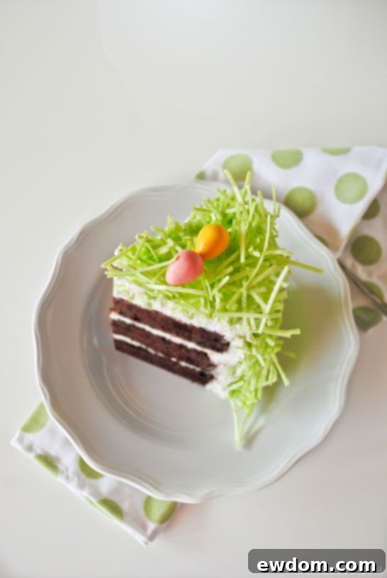 Side view of a decorative Chocolate Easter Bunny Cake with edible grass detail