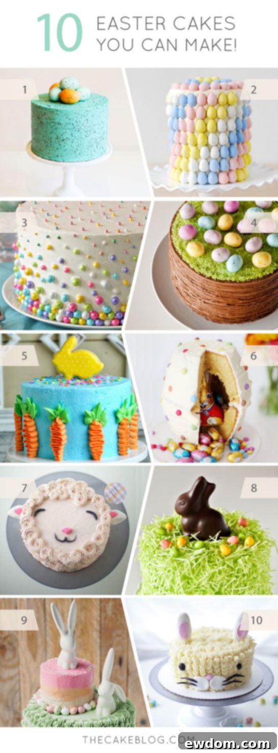 A beautiful collage of 10 diverse Easter cakes, showcasing various designs from speckled eggs to bunnies, perfect for home baking.