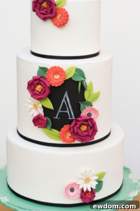 Chalkboards and Paper Flowers: The Ultimate Decor Duo 10 Erica O'Brien Cake Design: Chalkboard and Edible Paper Flower Cake on a Vintage Green Stand
