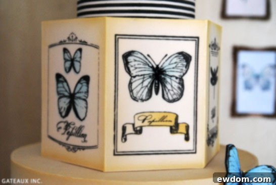 Close-up of vintage butterfly cake fondant panel with stenciled details