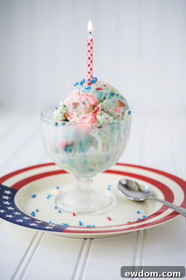 Homemade Patriotic Birthday Cake Ice Cream with sprinkles, perfect for July 4th