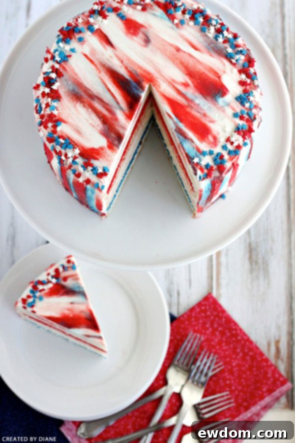 Stunning Patriotic Cake with red, white, and blue layers and festive decorations