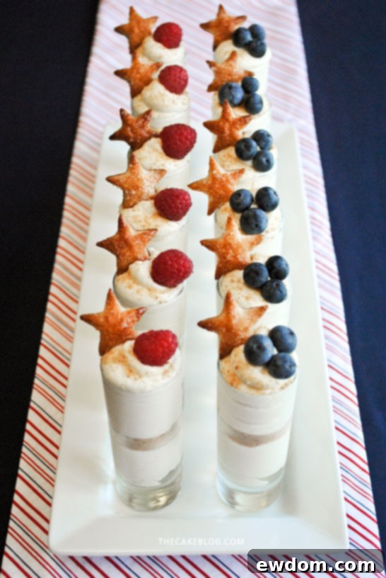 Individual Stars & Stripes Cheesecake Shots, a delightful and easy dessert for July 4th