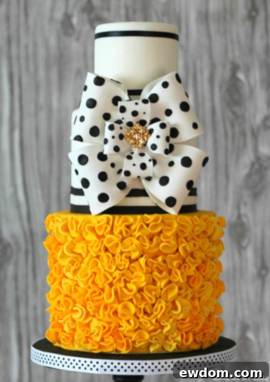 Close-up of Black, White and Yellow Ruffle Cake with Polka Dots
