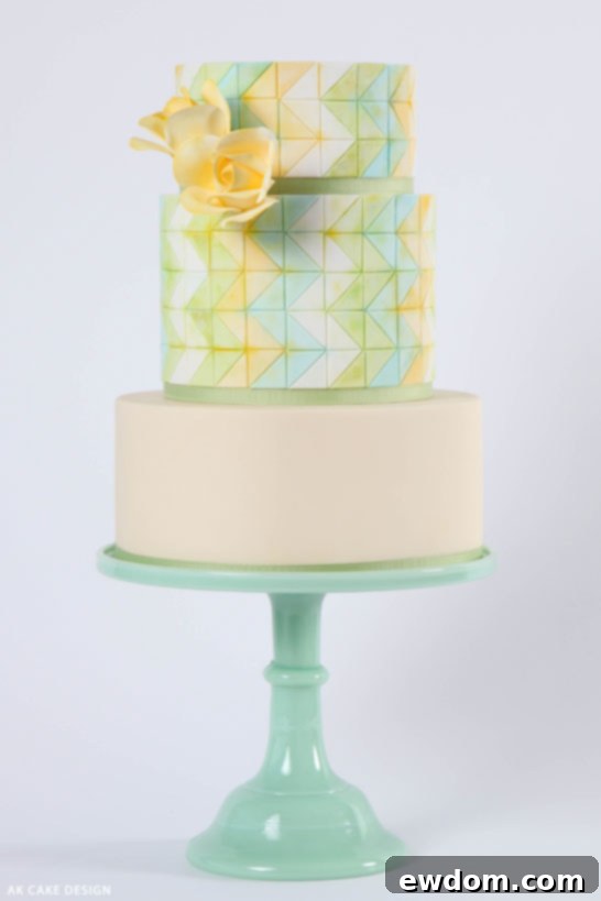 Stunning full view of the geometric pastel zig-zag cake, a masterpiece from AK Cake Design