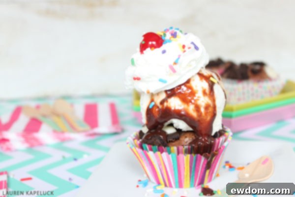 Decadent Brownie Sundae Cupcakes 5 Overhead view of Brownie Cupcake Sundaes on a serving platter.